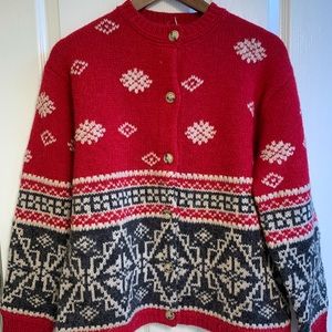 Eddie Bauer Fair Isle Wool Cardigan Sweater - Vintage - Medium - Red Multi - VGC
